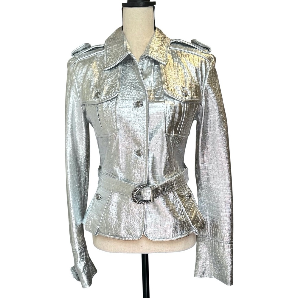 JUST CAVALLI SILVER CROCODILE TEXTURED LEATHER BELTED JACKET - HAS BEEN ALTERED